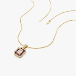 14k Baguette and Round Ruby Necklace with Halo Setting