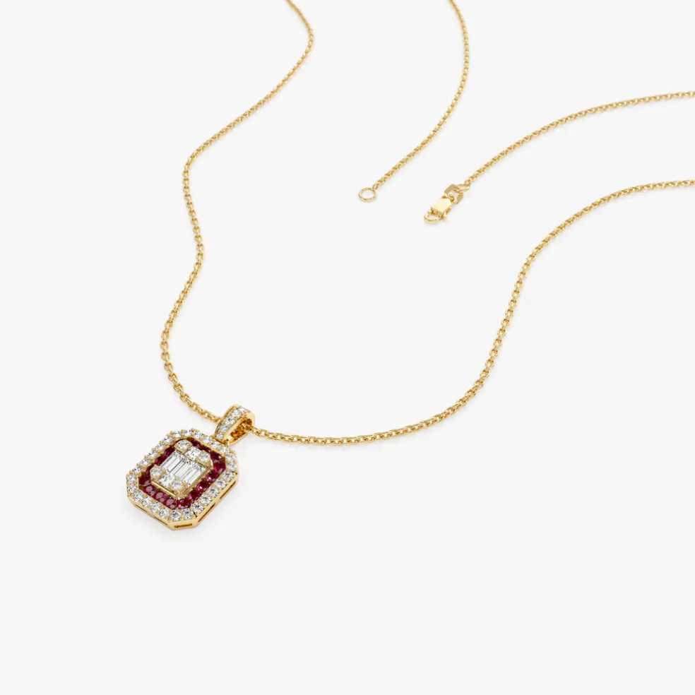 14k Baguette and Round Ruby Necklace with Halo Setting