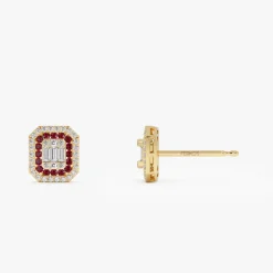 14k Baguette and Round Ruby Studs Halo Setting