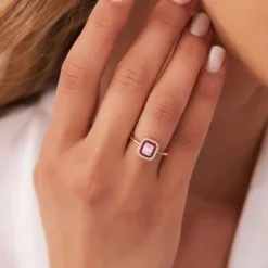 14k Baguette and Round Ruby Ring with Halo Setting