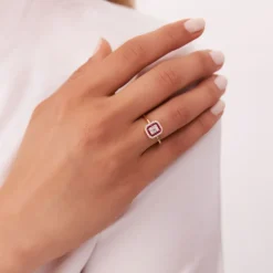 14k Baguette and Round Ruby Ring with Halo Setting