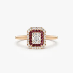 14k Baguette and Round Ruby Ring with Halo Setting