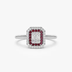 14k Baguette and Round Ruby Ring with Halo Setting