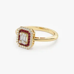 14k Baguette and Round Ruby Ring with Halo Setting