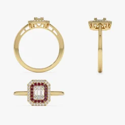 14k Baguette and Round Ruby Ring with Halo Setting