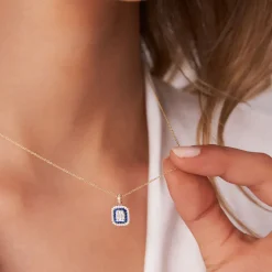 14k Baguette and Round Sapphire Necklace with Halo Setting