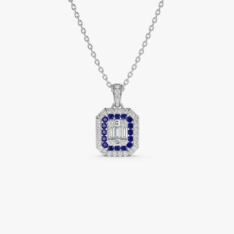 14k Baguette and Round Sapphire Necklace with Halo Setting