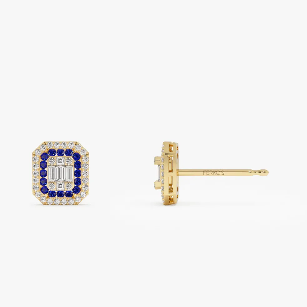 14k Baguette and Round Sapphire Studs Halo Setting