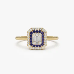 14k Baguette and Round Sapphire Ring with Halo Setting