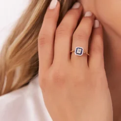14k Baguette and Round Sapphire Ring with Halo Setting