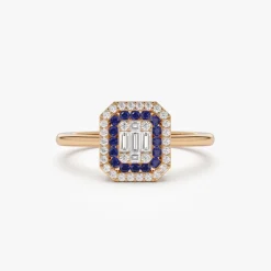 14k Baguette and Round Sapphire Ring with Halo Setting