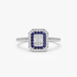 14k Baguette and Round Sapphire Ring with Halo Setting