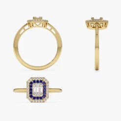 14k Baguette and Round Sapphire Ring with Halo Setting