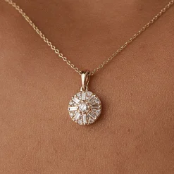 14k Baguette Diamond and Round Diamond Cluster Necklace