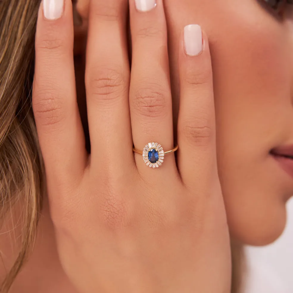 14k Baguette Diamond Ballerina Oval Sapphire Ring