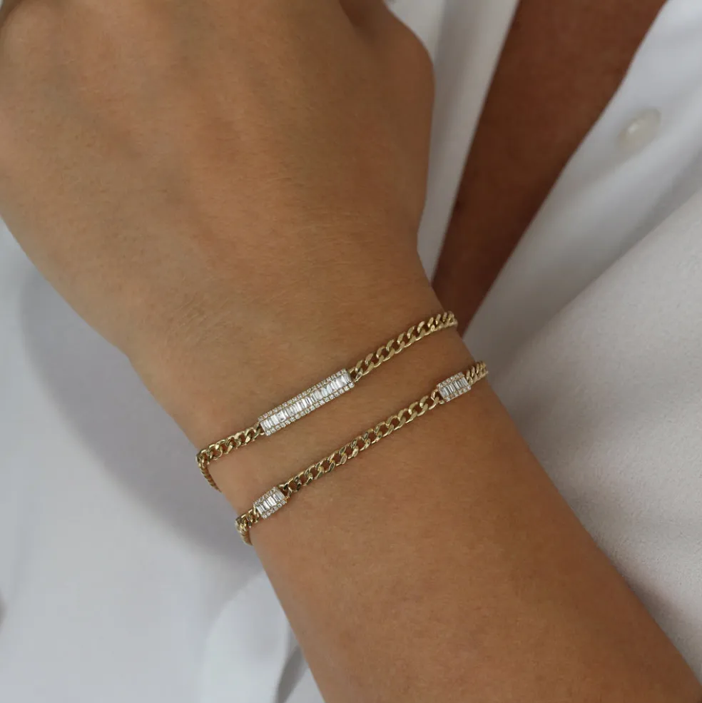 14k Baguette Diamond Bar Curb Link Bracelet