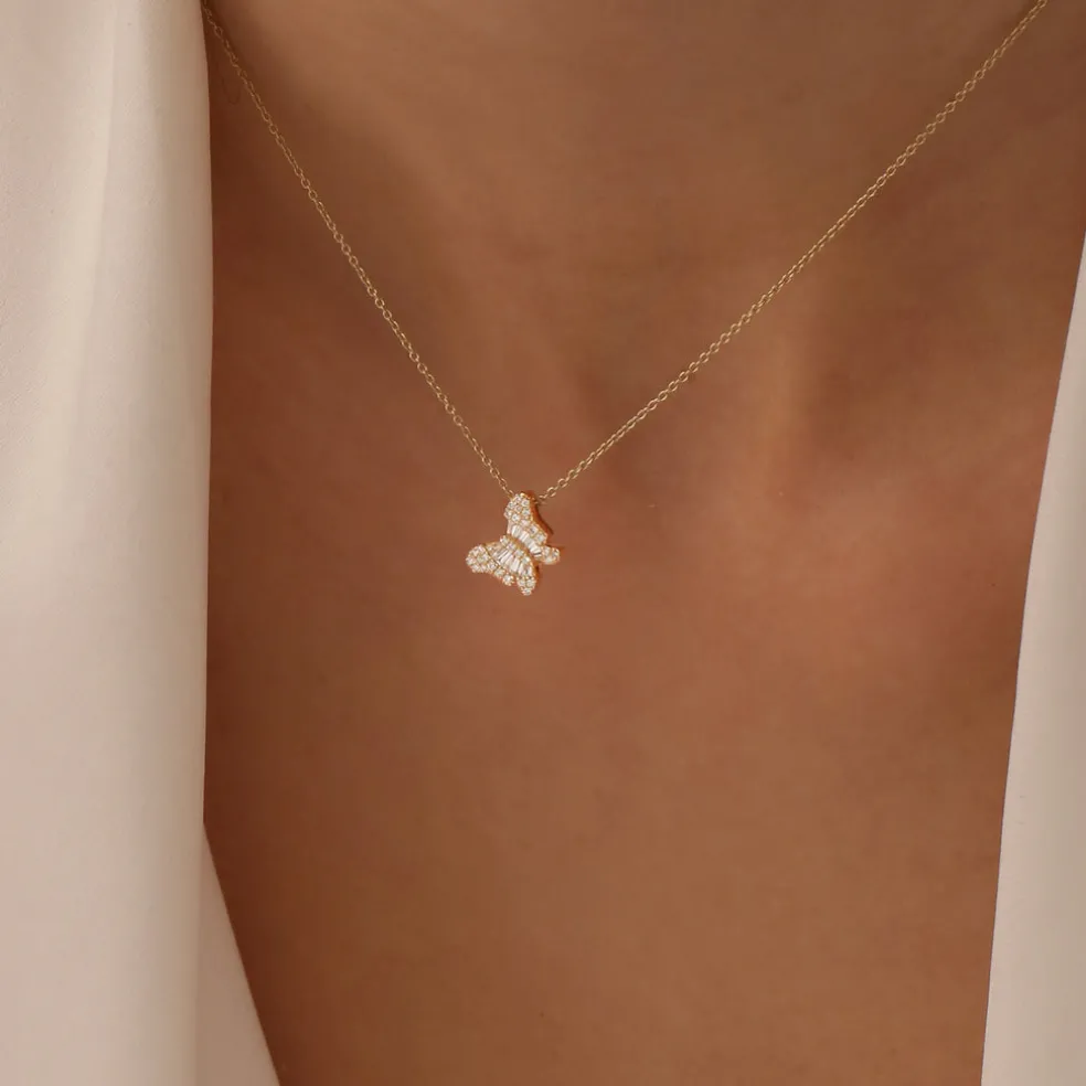 14k Baguette Diamond Butterfly Necklace