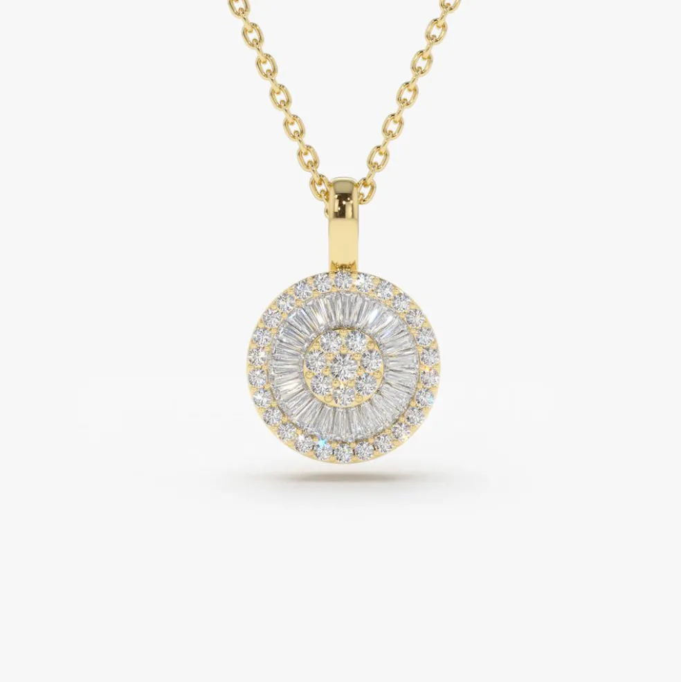14K Baguette Diamond Disc Cluster Necklace