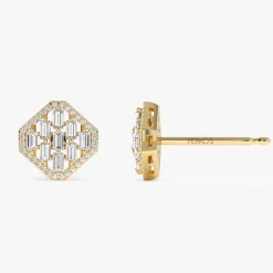 14k Baguette Diamond Earrings in Halo Setting