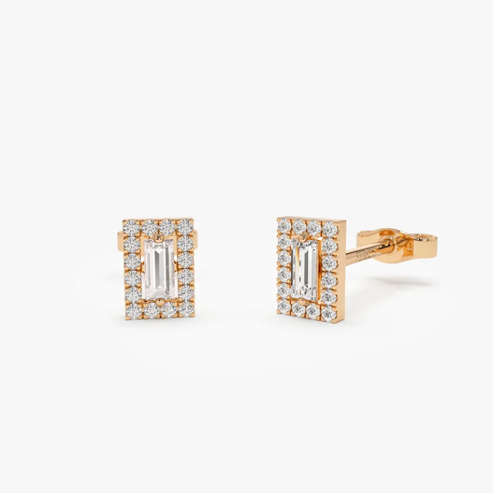 14k Baguette Diamond Halo Setting Diamond Studs
