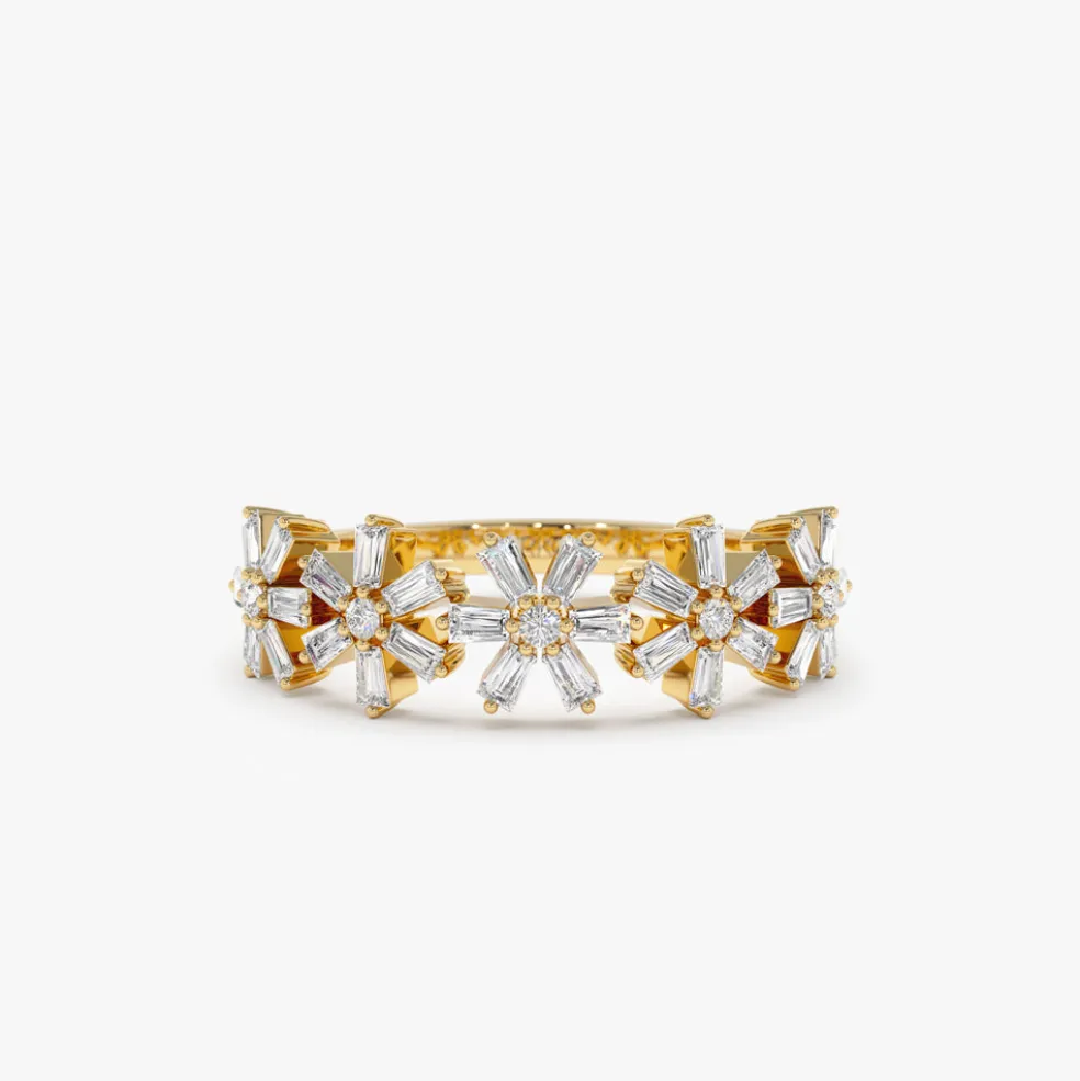 14K Baguette Diamond Multi Flower Design Ring