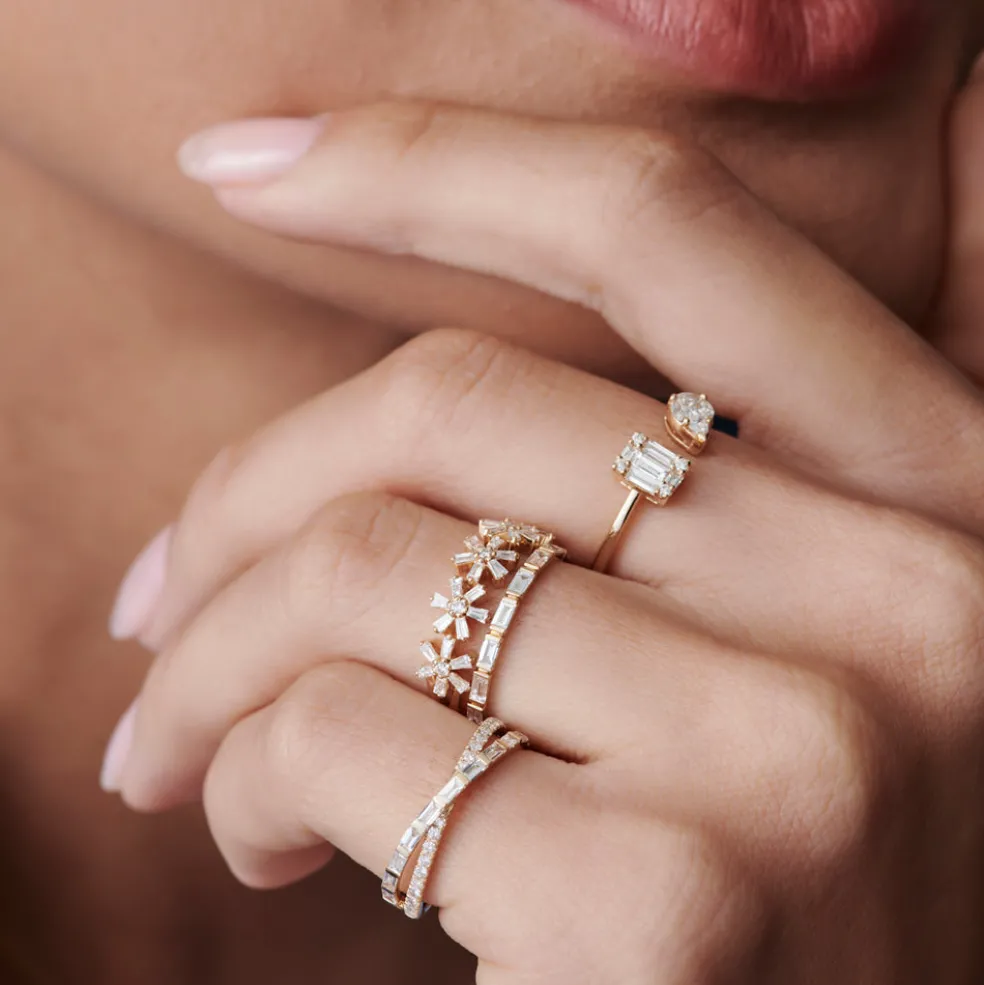 14K Baguette Diamond Multi Flower Design Ring