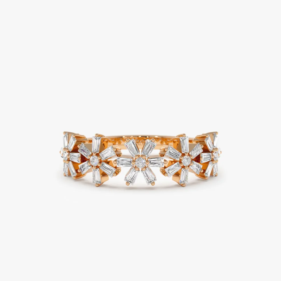 14K Baguette Diamond Multi Flower Design Ring