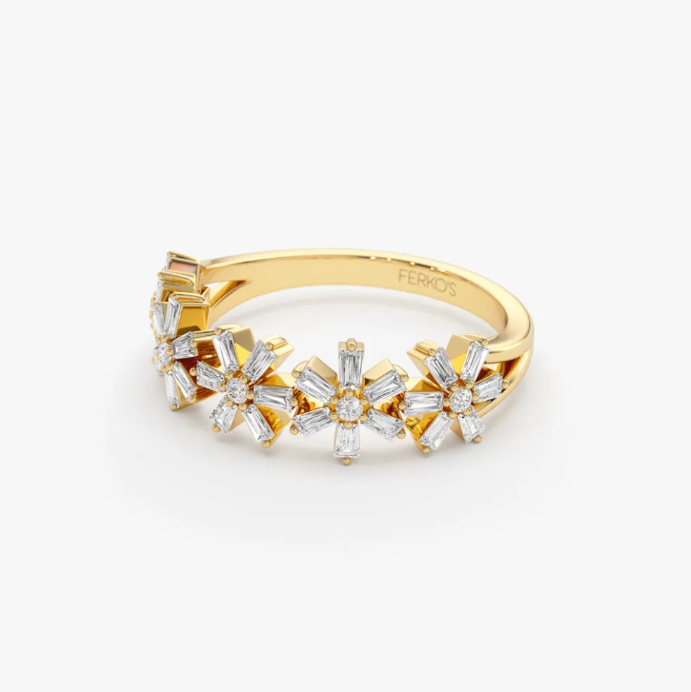 14K Baguette Diamond Multi Flower Design Ring
