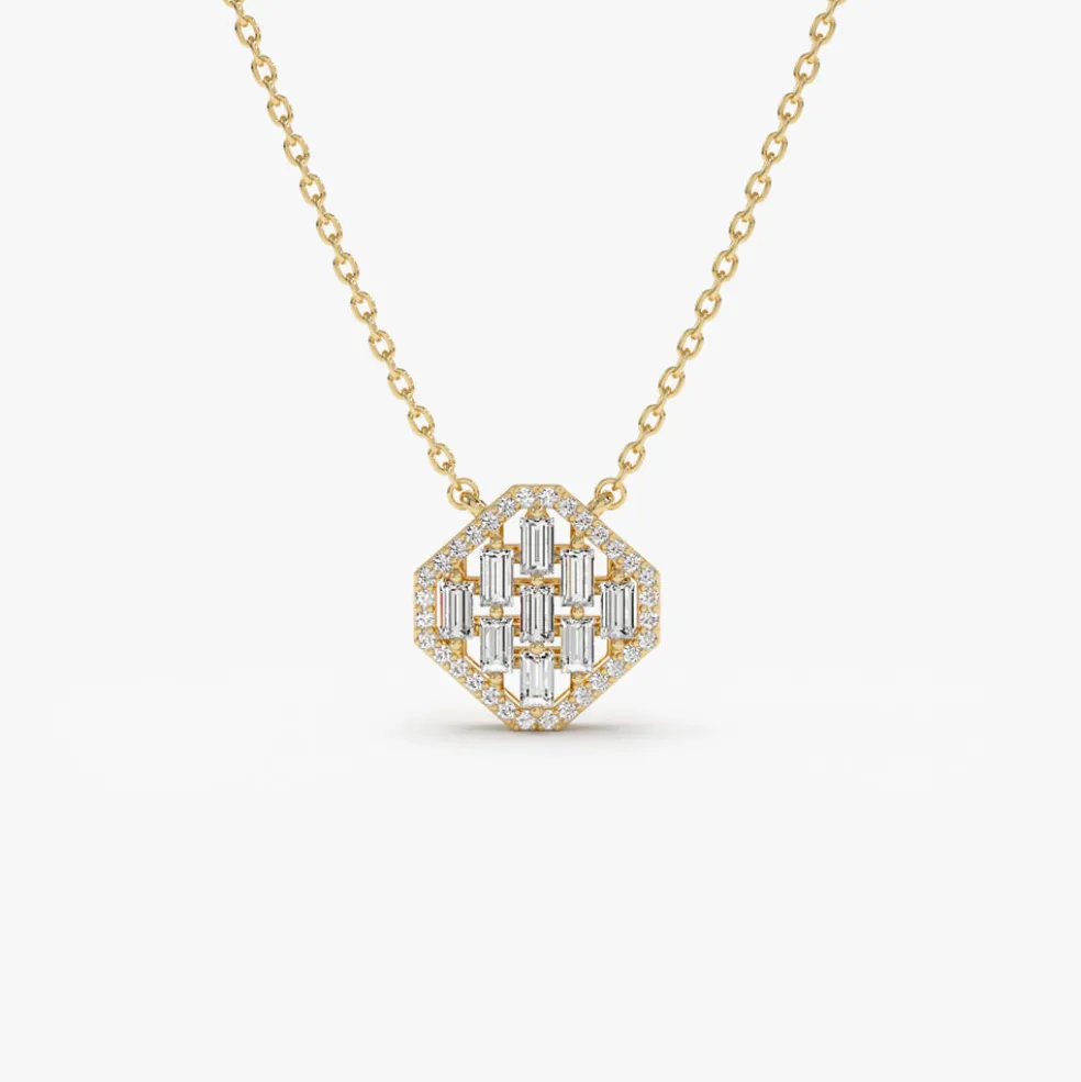 14k Baguette Diamond Necklace in Halo Setting