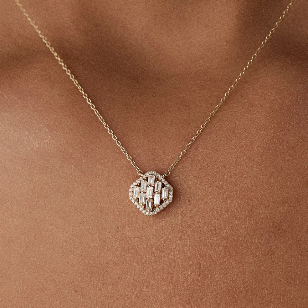 14k Baguette Diamond Necklace in Halo Setting