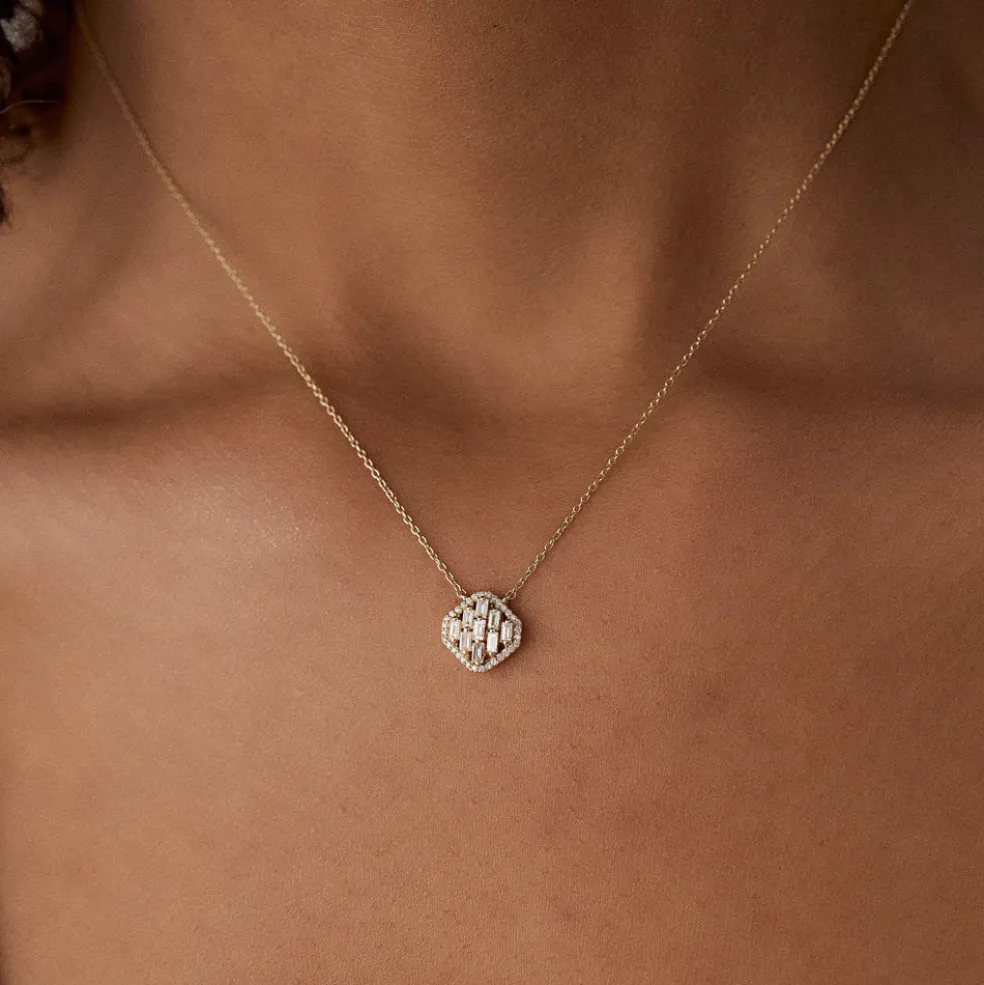 14k Baguette Diamond Necklace in Halo Setting