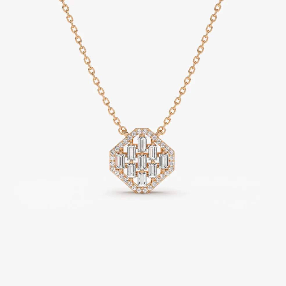 14k Baguette Diamond Necklace in Halo Setting