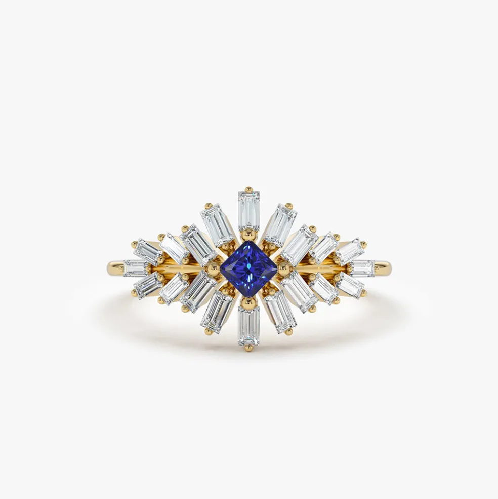 14K Baguette Diamond Ring with Square Sapphire