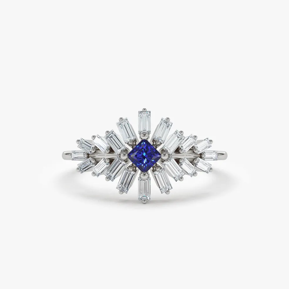14K Baguette Diamond Ring with Square Sapphire