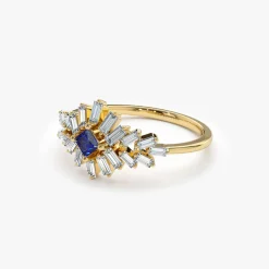 14K Baguette Diamond Ring with Square Sapphire