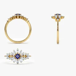 14K Baguette Diamond Ring with Square Sapphire