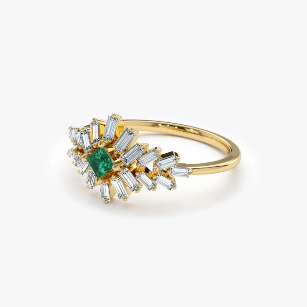 14K Baguette Diamond Ring with a Square Emerald