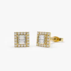 14k Baguette Diamond Studs in Halo Setting