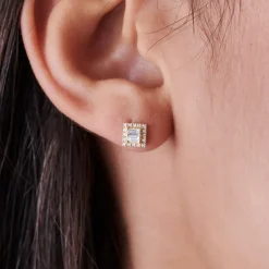 14k Baguette Diamond Studs in Halo Setting