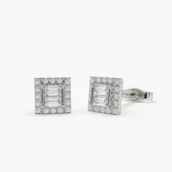 14k Baguette Diamond Studs in Halo Setting
