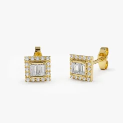 14k Baguette Diamond Studs in Halo Setting