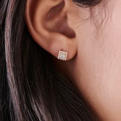 14k Baguette Diamond Studs in Halo Setting