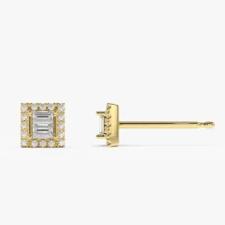 14k Baguette Diamond Studs in Halo Setting