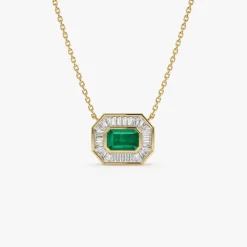 14k Baguette Halo Emerald Necklace