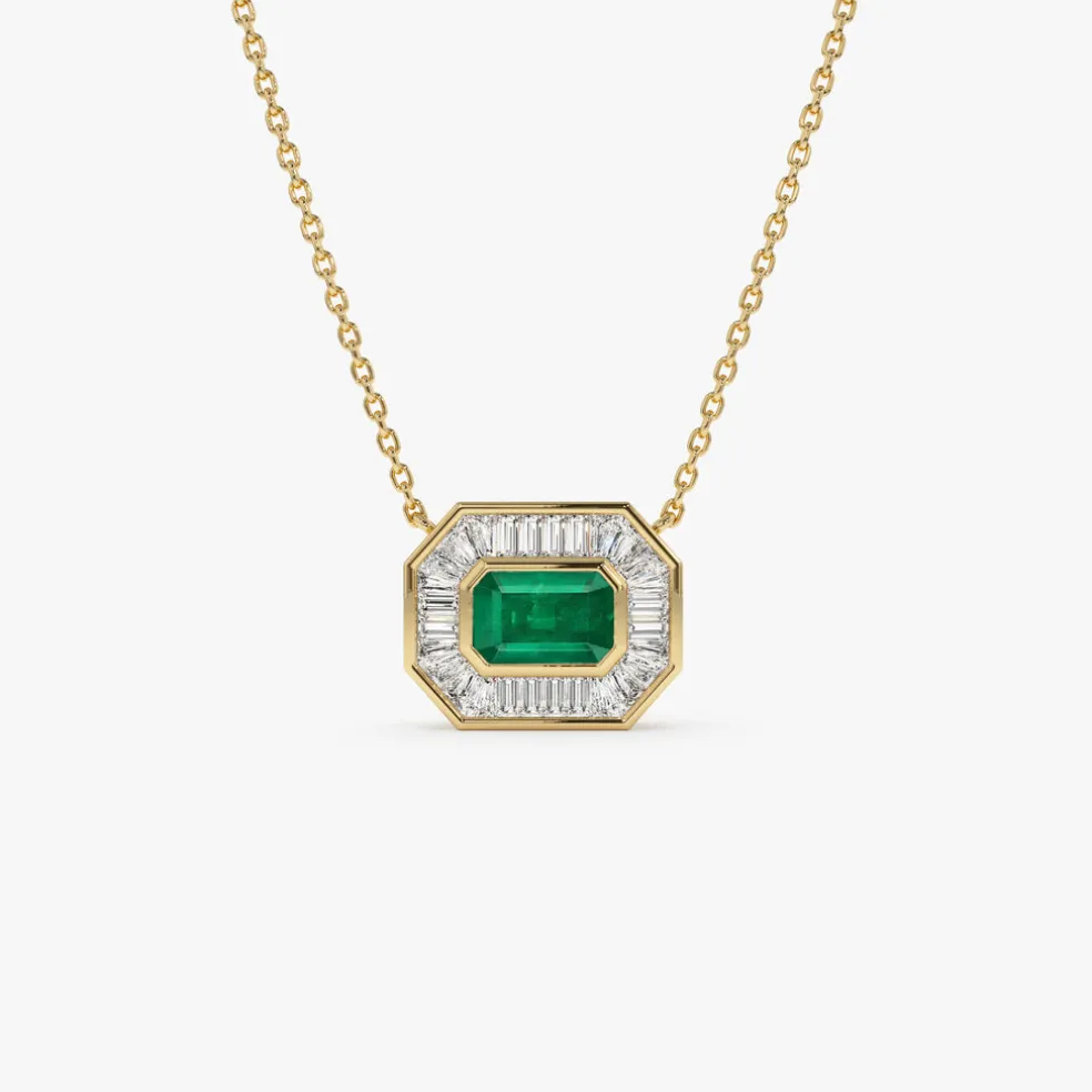 14k Baguette Halo Emerald Necklace