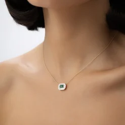 14k Baguette Halo Emerald Necklace