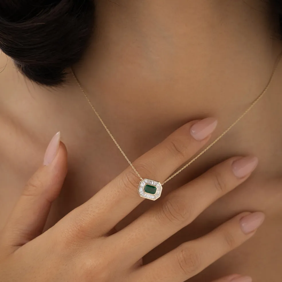 14k Baguette Halo Emerald Necklace