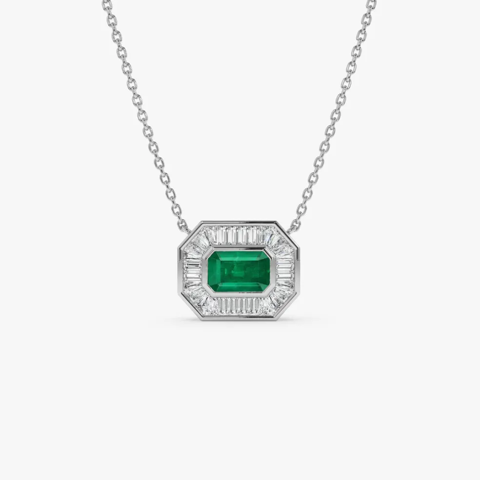 14k Baguette Halo Emerald Necklace