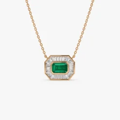 14k Baguette Halo Emerald Necklace