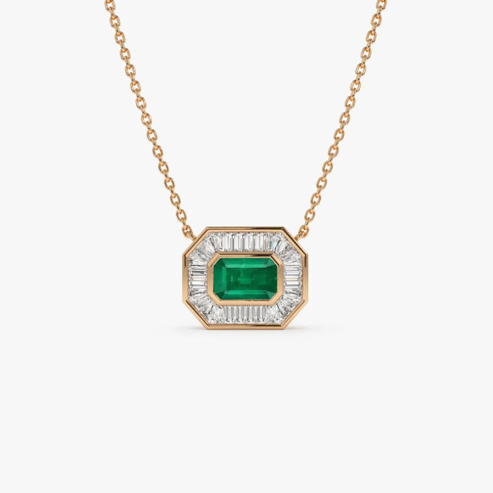 14k Baguette Halo Emerald Necklace